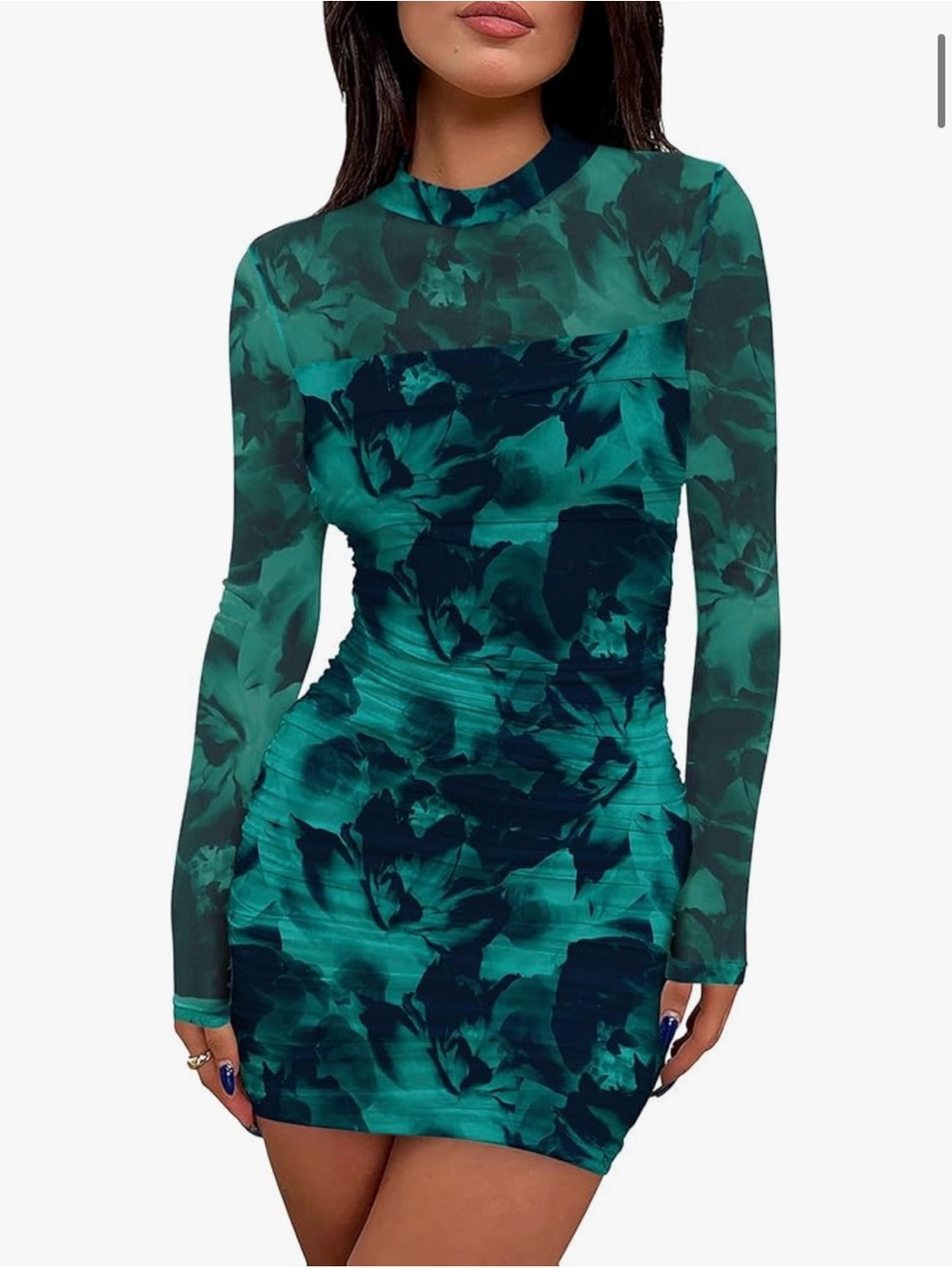 Teal Floral Long-Sleeve Bodycon Dress - Unbranded